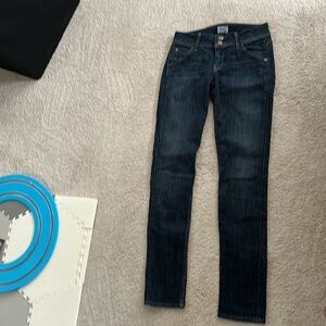 Hudson skinny jeans, size 25, zip and button fly, medium/dark blue